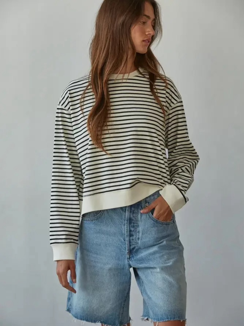 NWT By Together Striped Cropped Crewneck Sweater - Black & Cream